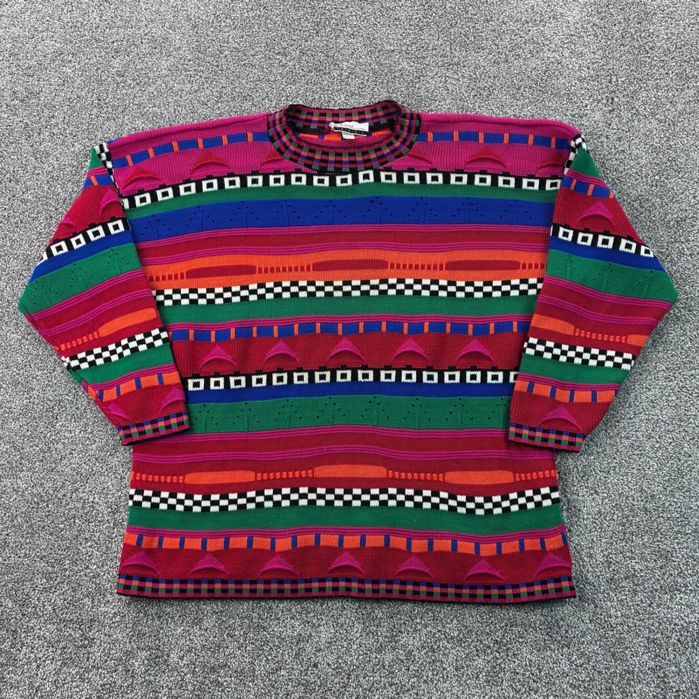 Vintage Diana Marco Sweater Womens Medium Pink Striped Coogi Style Cosby 3D Knit